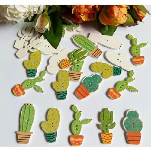 50pcs/lot 2 Holes Bulk Random Mixed cactus Shapes 5 Style Wooden Buttons Sewing Scrapbooking for Crafts DIY Children Button