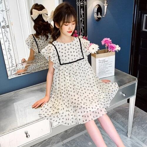 Kids fly sleeve flower dress wholesale summer new teenage girl floral princess dresses