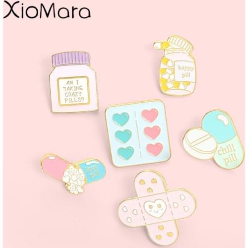 Band Aid Happy Crazy Pill Enamel Pins Custom Love Healing Chill Pill Brooch Lapel Badge Bag Cartoon Jewelry Gift For Women Girl