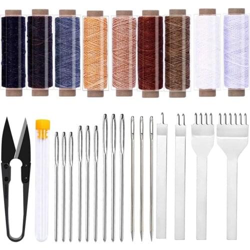 KAOBUY 26PCS Leather Craft Hand Stitching Tools Leather Hole Punches Leather Sewing Waxed Thread And Needle