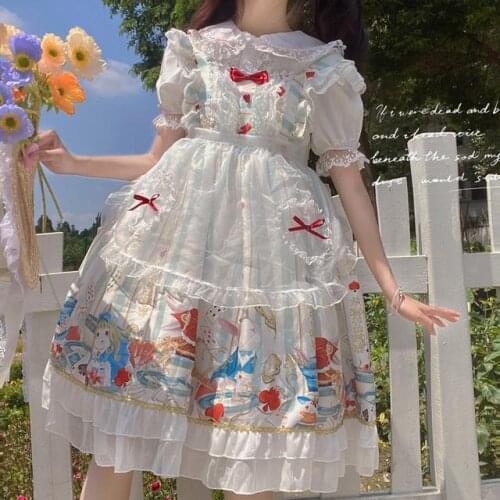 Japanese Sweet Lolita Dream Poker Printing Dress Jsk Sling Dress Women Summer Tea Party Princess Vintage Victorian Dresses