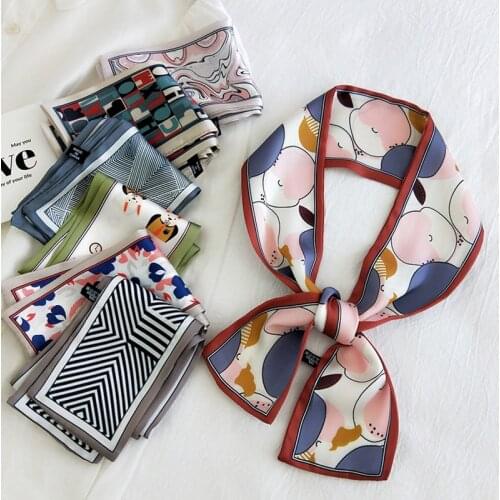 MoriBty New Women Silk Scarf Neckerchief Spring-Autumn Luxury Print Skinny Hair Ribbon Headscarf Foulard Femme Bag Tie Neck Wrap