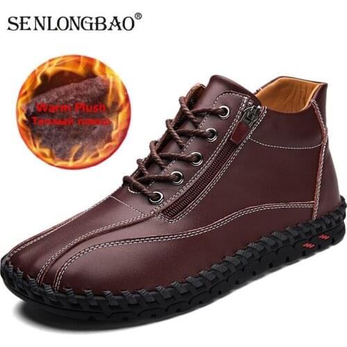 2020 Mens Winter Boots Handmade Leather Mens Ankle Boots Fur Warm Mens Snow Boots Outdoor Comfortable Mens Motorcycle Boots