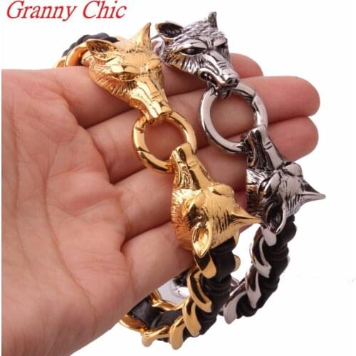 Granny Chic 8.66"*16mm Mens stainless steel Black leather wolf bracelet 316L jewelry gifts silver gold color wholesale dropship