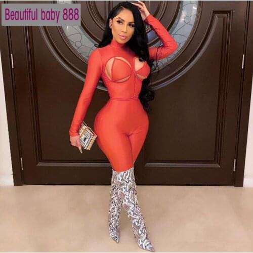 Nibber 2021 Sexy Club Chest Hollow Out Womans Stacked Jumpsuit Autumn Fashion High Collar Long Sleeve Overalls Bodycon Romper
