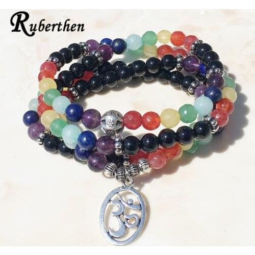 Ruberthen New Fashion 108 Mala Bracelet 6mm Natural Black Stone 7 Chakra Necklace Best Meditation Yoga Gift for Womem