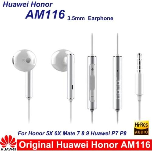 Original Huawei Honor AM116 3.5mm Earphone Metal With Mic Volume Control For HUAWEI P7 P8 P9 Lite P10 Plus Honor 5X 6X Mate7 8 9