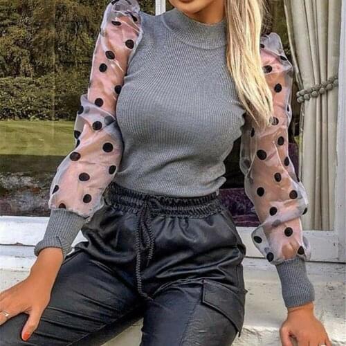 Sexy Elegant Womens Polka Dots Sheer Mesh See-through Puff Long Sleeve Knitted High turtleneck Blouse Top