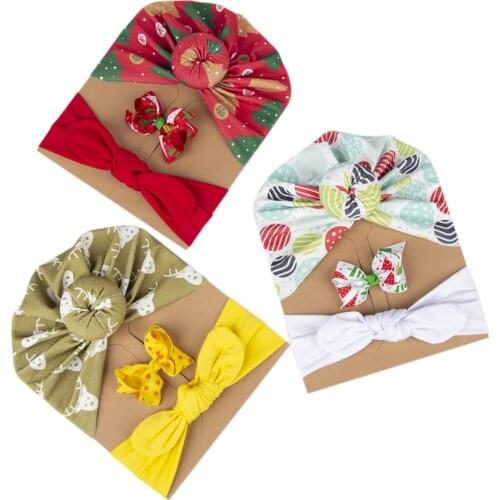 Christmas Childrens Printted Hat Hairpins and Headband Three Piece Set Cute Cartoon Pattern Donut Baby Caps Hair Accessories