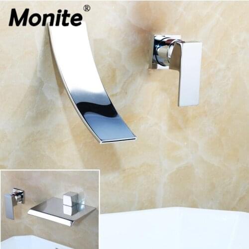 Monite Wall Mounted Waterfall Spout Chrome Solid Brass Bathroom Basin Sink Faucet Single Handle Hot And Cold Mixer Tap