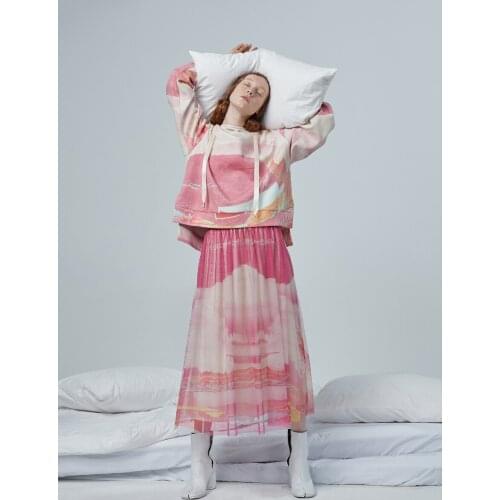 Spring Original Design Summer Women Sweet Elegant Print Midi Skirt Ladies Korean All-Match Pink Blue Long Mesh Skirts