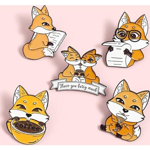 New Fox Coffee Newspaper Enamel Pins Brooches Jewelry Women Badges Cute Cartoon Gifts For Friends