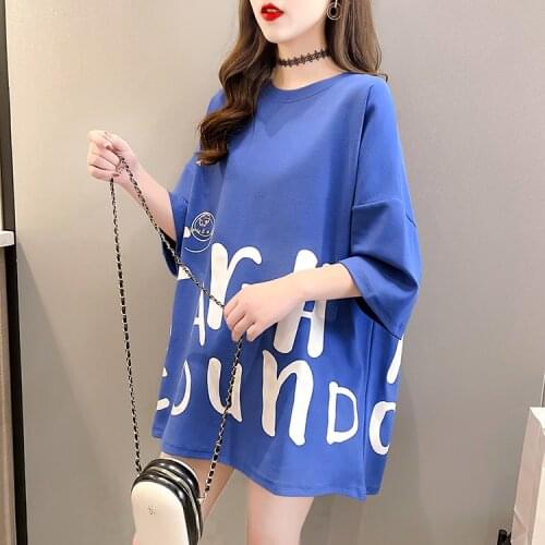 Summer new Korean version of large size womens loose short-sleeved t-shirt letter printing round neck half-sleeved top T-shirt