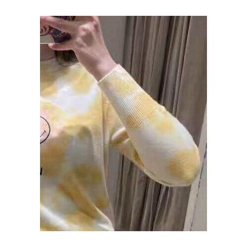 2021 Autumn Womens Knitted Sweater Tie Dye Print Smiley Letter O-Neck Long Sleeve Knitwear Pullover Tops Ladies Jumper