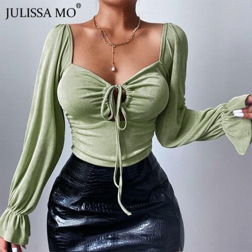 JULISSA MO Fashion Trumpet Sleeve Drawstring Bow Crop Tops 2021 Autumn Women Casual Hollow out Tops Ladies Sexy Slim Streetwear