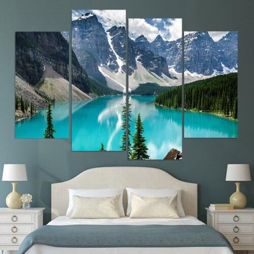 Home Decor Living Room Wall HD Printed Pictures 4 Piece/Pcs Snow Mountain Blue River Art Painting Modular Canvas Poster Frame