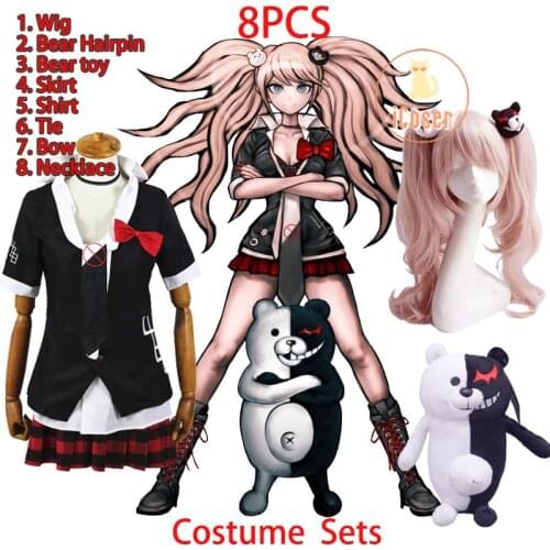 8 PCS Junko Enoshima Cosplay Costume Danganronpa Skirt Set Pink Long Wig with Bear Hair Clips Dangan Ronpa Bear Toy Punk Dress
