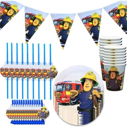 92Pcs Fireman Sam Birthday Party Disposable Tableware Set Supplies Baby Shower Decorations Banners Straws Blowouts Cups Plates