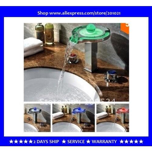 FREE SHIPPING Color Changing LED Waterfall Widespread Bathroom Sink Faucet