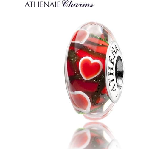ATHENAIE Heart Murano Glass Beads 925 Silver Core Wandering Hearts Charms Beads Fit European Charm Bracelets for Valentine'Day