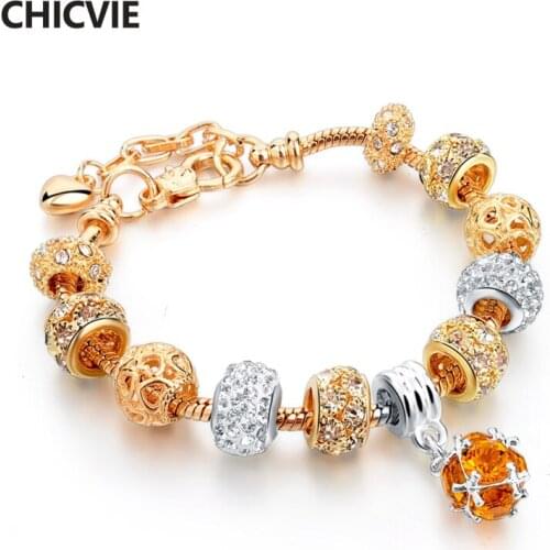 CHICVIE Gold Beads Charm Love Bracelets & Bangles for Women With Crystal Stones DIY Vintage Jewelry Custom Bracelet SBR160011