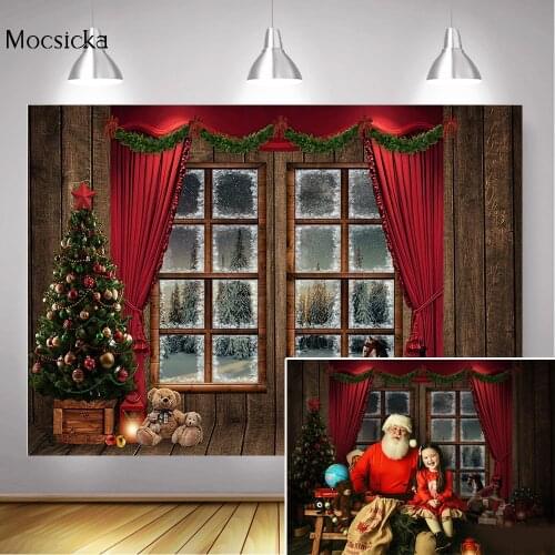 Winter Snow Window Backdrop Photocall Red Curtain Christmas Trees Xmas Background Toys Gifts Light Happy Near Year Photo Shoot