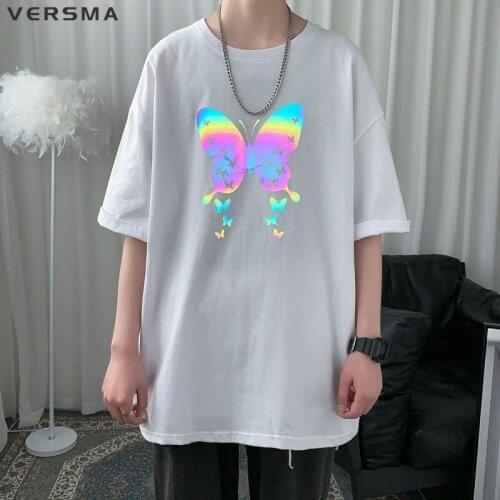 VERSMA Hip Hop Streetwear Rock Punk Short Sleeve T-shirt Men Women Summer Reflective Butterfly Printed Tshirt Male Dropshipping