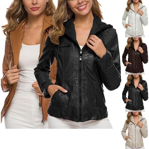 2021 Fashion Female Coat Solid Color Long Sleeve Hooded Leather Jacket for Women, S/M/L/XL/XXL/XXXL