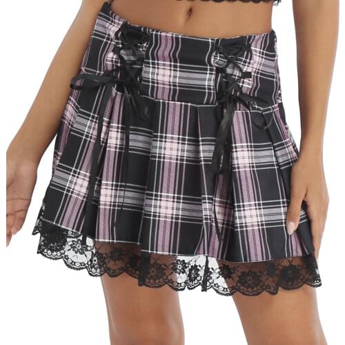 Cute Lace Trim Plaid Goth Skirts Women School E Girl High Waist Bandage Pastel Y2k Aesthetic Gothic Harajuku Kawaii Mini Skirt