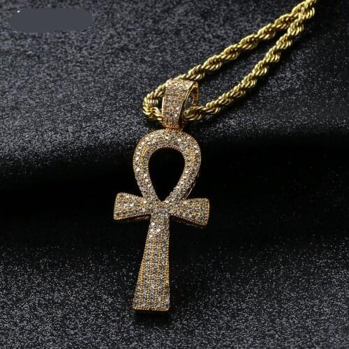 Fashion Jewelry Hip Hop Bijoux-Color Jesus Egyptian Ankh Key Cross Pendant Necklaces Cubic Zirconia Long Chains Cuban Link Chain