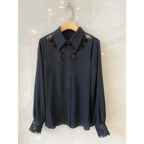 New women fashion 2021 long-sleeved sexy casual solid color embroidered flower silk shirt 0404
