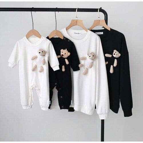 2021 New Autumn Family Matching Outfits Bear T-shirt Long Sleeve Mother Kids Clothes Cotton Romper Korean Family Look suit