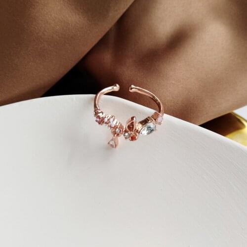 Original Design Open Joint Finger Ring Pink Plating Metal White Flower High Quality Crystal Delicate Ring Modern Jewelry Gifts