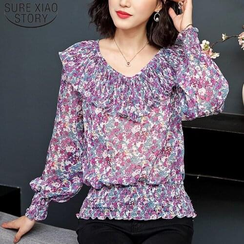 Autumn Casual Round Collar Long Sleeve Women Blouses O-neck Ruffles Printed Chiffon Women Clothing Floral Women Tops 5433 50
