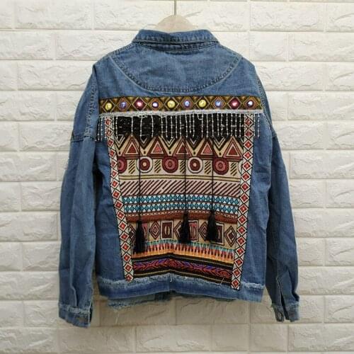 Ethnic Style Geometric Pattern Embroidery Denim Jacket For Women Fashion Long-Sleeve Jeans Basic Coat Spring Female Outwear
