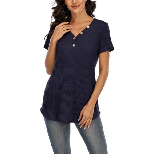 Womens Fashion Casual Waffle-Fabric V-Neck Button Short Sleeve T-Shirt Top