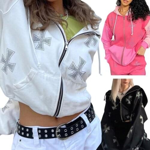 Women Zip Up Hoodie Jacket Harajuku Goth Punk Cross Rhinestone Hip Hop Sweatshirt Coat Long Sleeve Oversized Outwear