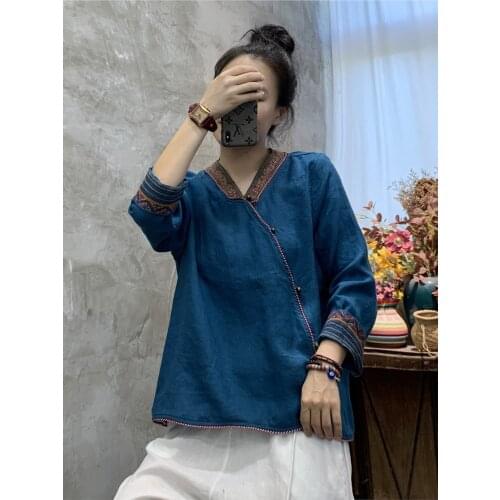 2021 Autumn New Shirt Women Retro Casual Tops Blouse V-Neck Oblique placket button Embroidery Ladies Vintage Shirt Tops