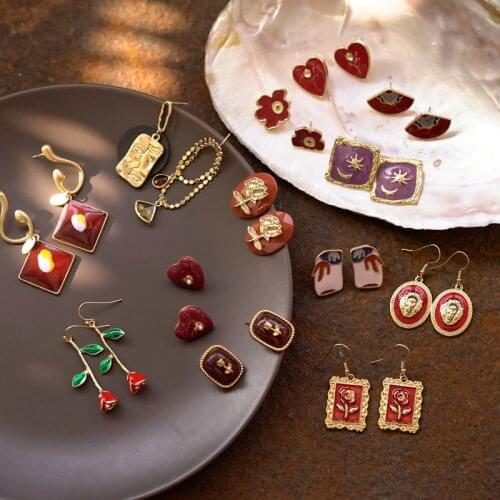 AOMU 2020 Vintage Simple Enamel Irregular Geometric Earrings Red Love Heart Earrings Baroque Flower Rose Stud Earrings for Women