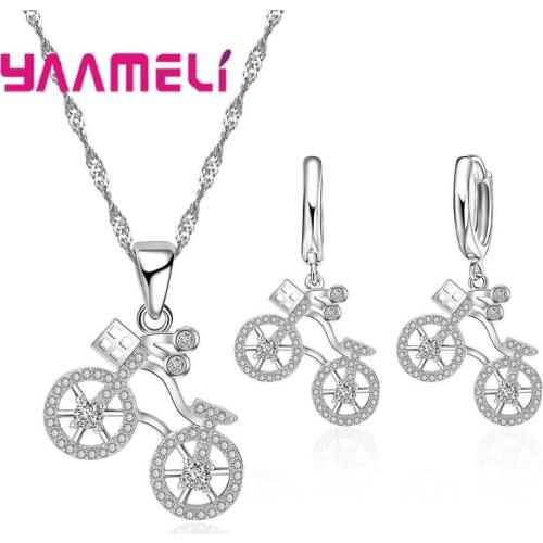 Lovely 925 Sterling Silver Jewelry Sets for Women Cute Bike Pendant CZ Cubic Zircon Crystal Pendant Necklace Earring Hot