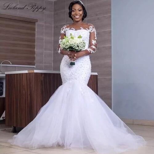 Lceland Poppy Pearls Beaded Mermaid Tulle Wedding Dresses 2021 Long Sleeves Lace Appliques Vestido de Novia Bridal Gowns
