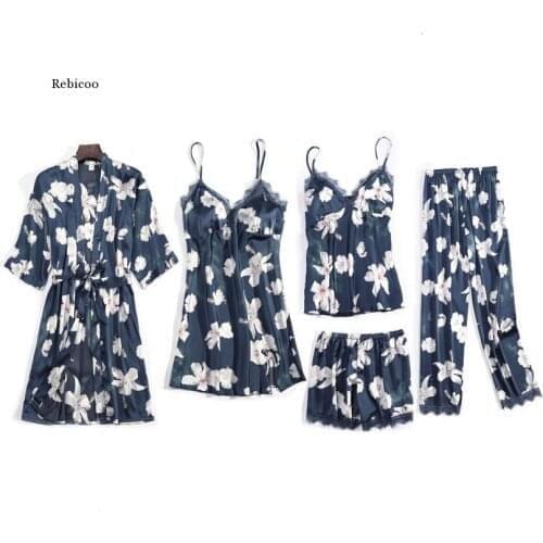 Winter New Sexy Ice Silk 5 Pcs Pajamas Stain Printing Flower Fashion Sleepwear With Chest Pad Spaghetti Strap Nightwear