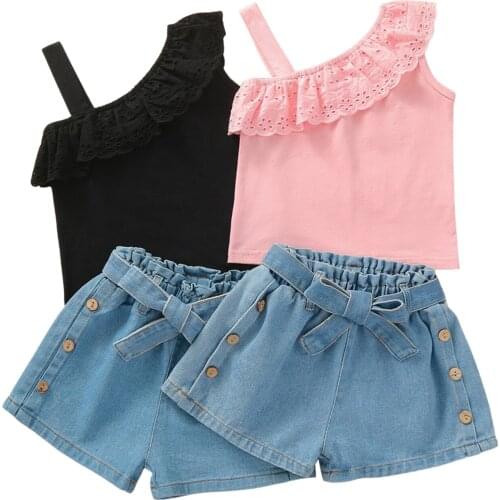 New 2Pcs Kids Summer Tracksuit, Girls Lace Flounce Sleeveless Vest + Elastic Waist Denim Shorts, 18 Months to 6 Years