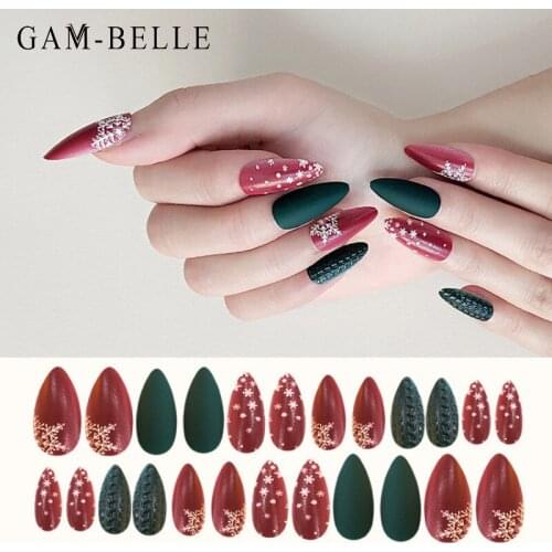 GAM-BELLE Almond Christmas Series Fake Nails Glitter Snowflake Elk Bells Pattern Artificial Press On Nails Art Beauty Decoration