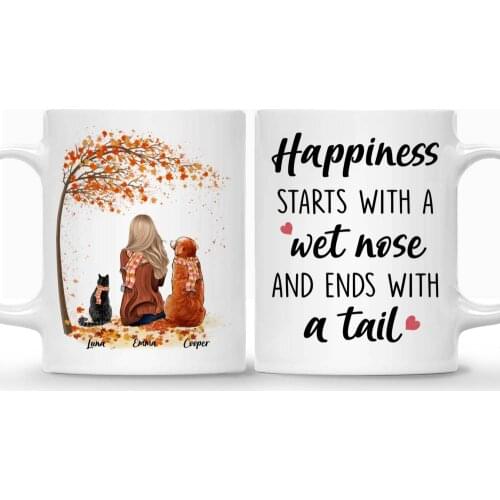 Girl and Dogs Cats Autumn Tree Personalized Mug Life Is Better with A Dog Coffee Cups Gift Dog Cat Lovers DIY 11/15 Oz RR2040