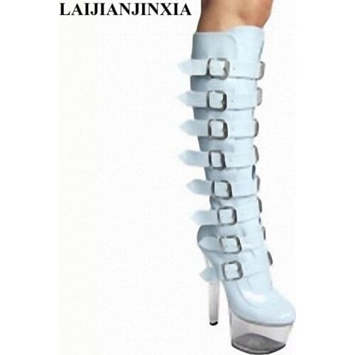 LAIJIANJINXIA New Plus Size Motorcycle boots Women Boots Leather Buckle Strap Platform Boots 15CM High Heels Fashion Boots