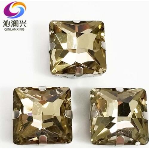 Light coffee top quality Glass Crystal sew on stones,square shape claw rhinestone with holes,Diy/Clothing accessorie SWZ404