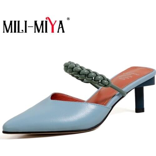 MILI-MIYA Latest Genuine Leather High Heels Mules Loafer Casual Feminine Gladiator Sandals Pointed Toe Woven Fashion Leisure