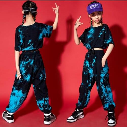 Hip Hop Clothing For Girls Tie-Dyed Short Sleeve Tops Hip-Hop Pants For Kids Jazz Dance Costume Stage Show Street Wear BL6187