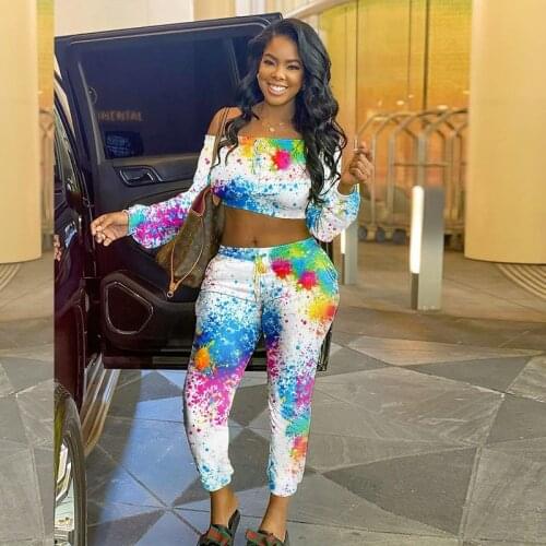 Wholesale Iems Women Casual Long-sleeved Graffiti Print Sports Two-piece Set Tie Dye Strapless Crop Top Pants Outfits Tracksuit